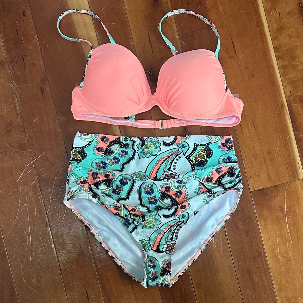 Peach and Aqua Paisley Bikini Set